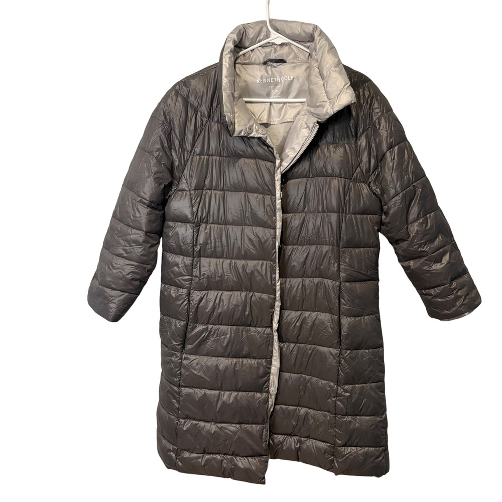 Kenneth Cole Puffer Coat Women S Gray Quilted Longline Zip Snap Jacket